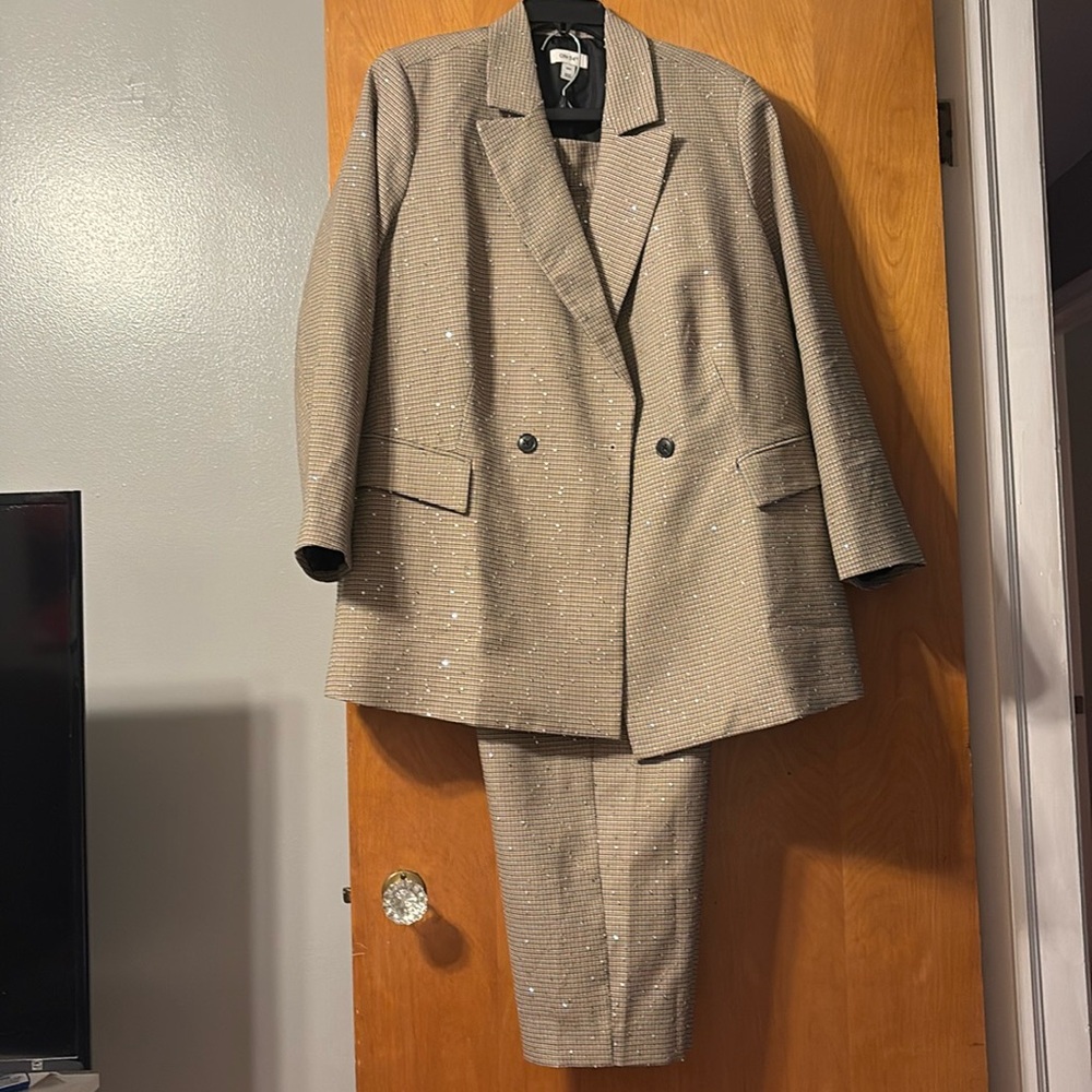 On 34th plaid and sequin suit